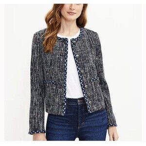 LOFT Womens Jacket XXL Navy White Tweed Weave Braided Trim Round Neckline Lady